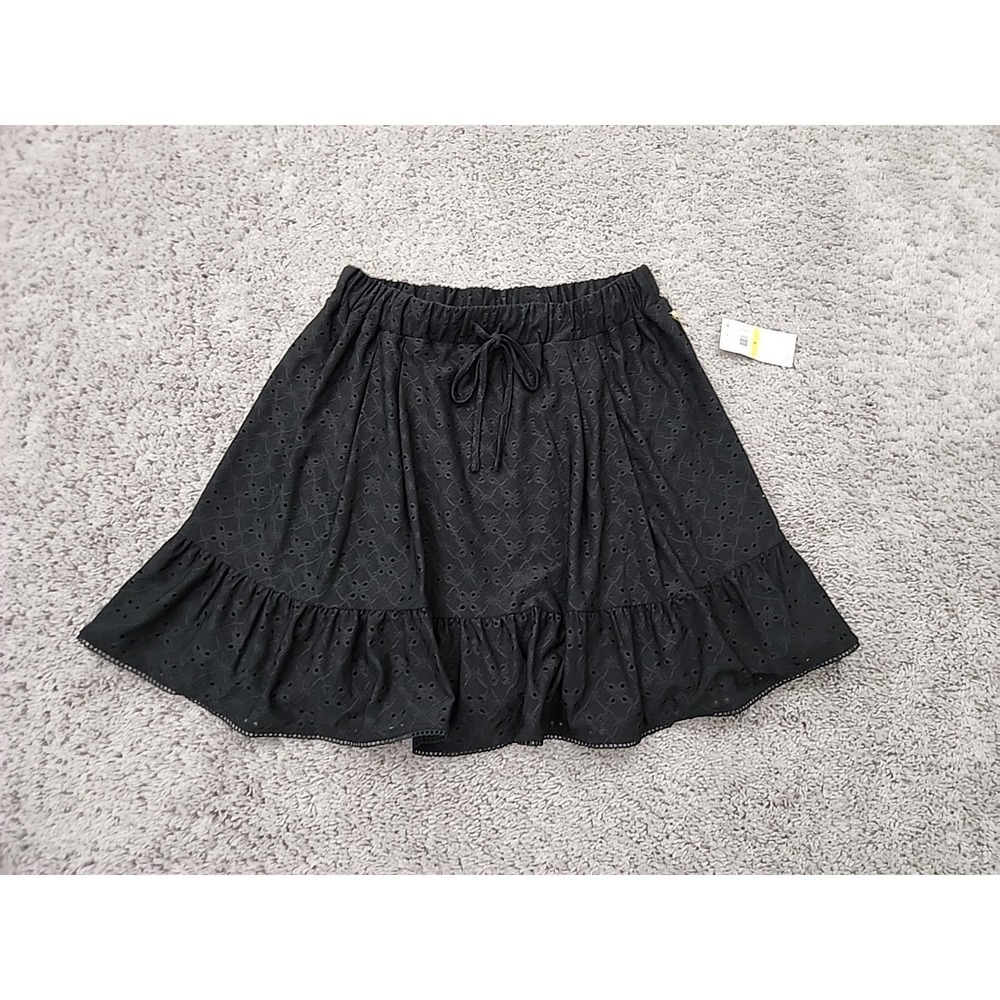CeCe Skirt Womens S Black Pull On Drawstring Eyelet Ruffle Lined Mini NEW